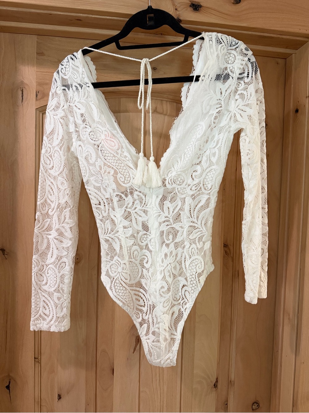 Showpo White Lace Deep V Long Sleeve Bodysuit